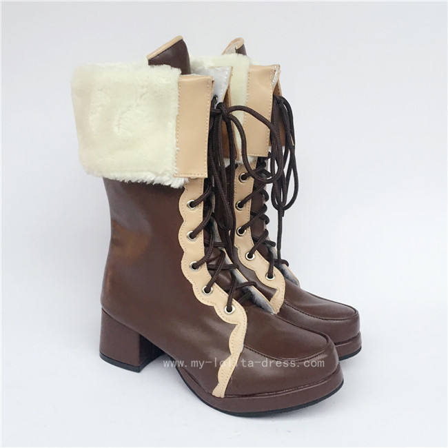 Sweet Pearl Pink Lolita Winter Mid-calf Boots with Beige Lace