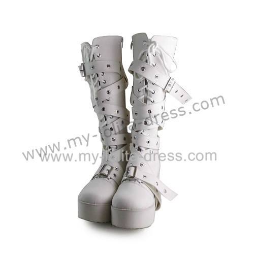 Punk Style Matte White Buckles Lolita High Shaft Boots
