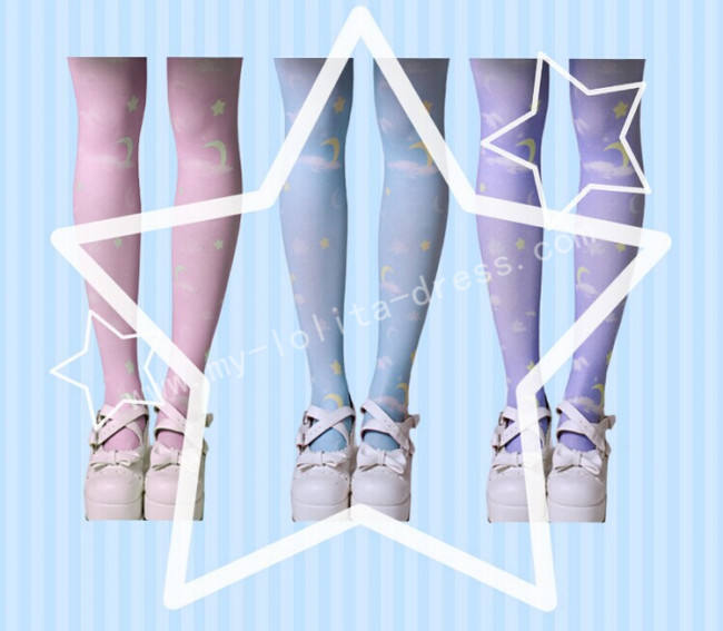 Sweet Moon Star White Cloud Prints Lolita Tights