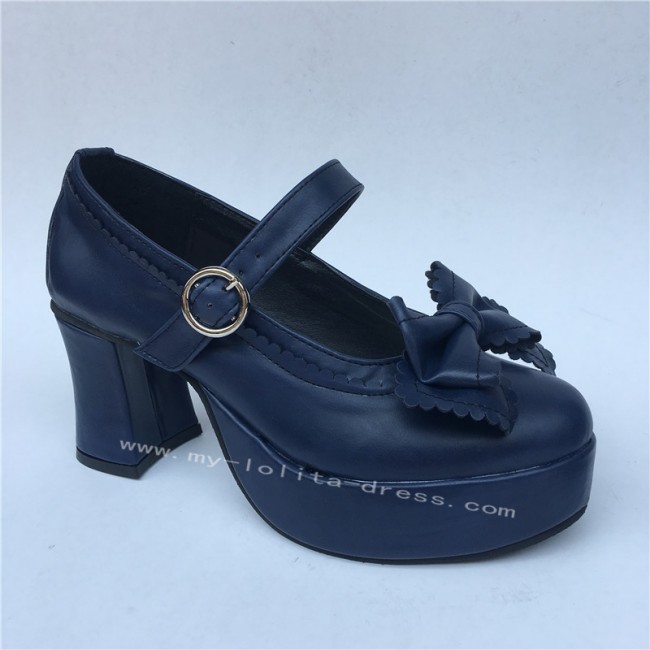 Navy Single Strap Bows Lolita Heels Tea Party Shoes $42.99-Footwear