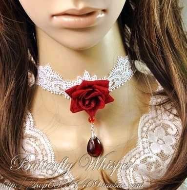 Red Rose Blossom in Moonlight White Lace Choker