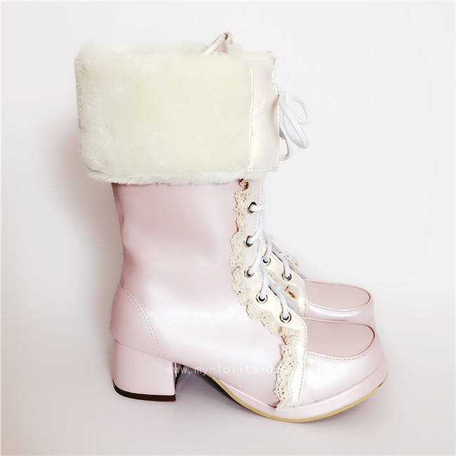 Sweet Pearl Pink Lolita Winter Mid-calf Boots with Beige Lace
