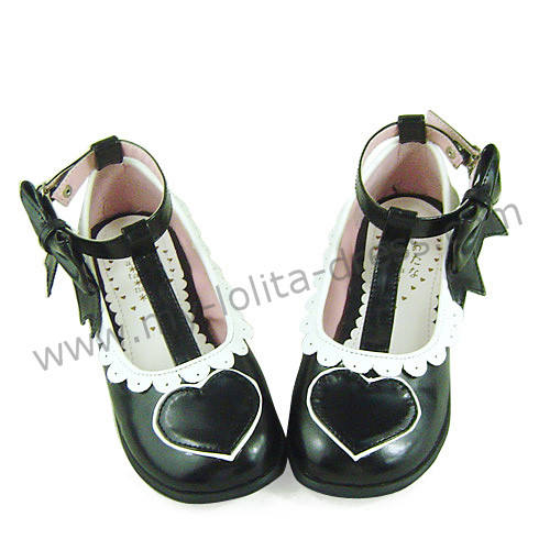 White Black Heart Side Bow Lolita Shoes