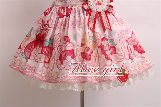 Alice Girl ~Strawberry With Cream~ Sweet Lolita Salopette + Badage -Pre-order