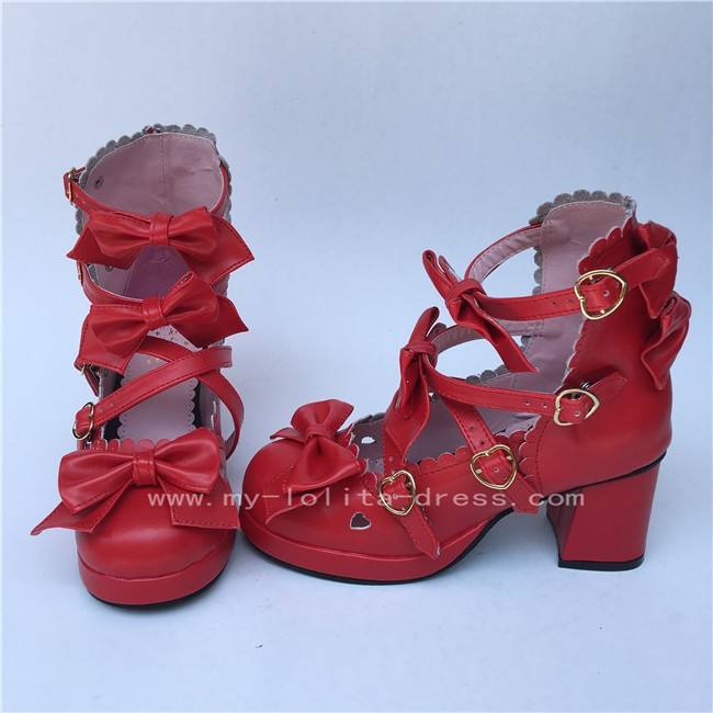 Sweet Wine Lolita Square Heels Shoes with Bowknots