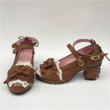 Sweet Light Coffee Bow Straps Lolita Square heels Shoes