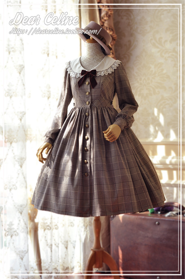 Dear Celine ~Toffee In Early Autumn Woolen Gingham Lolita OP/Long Coat