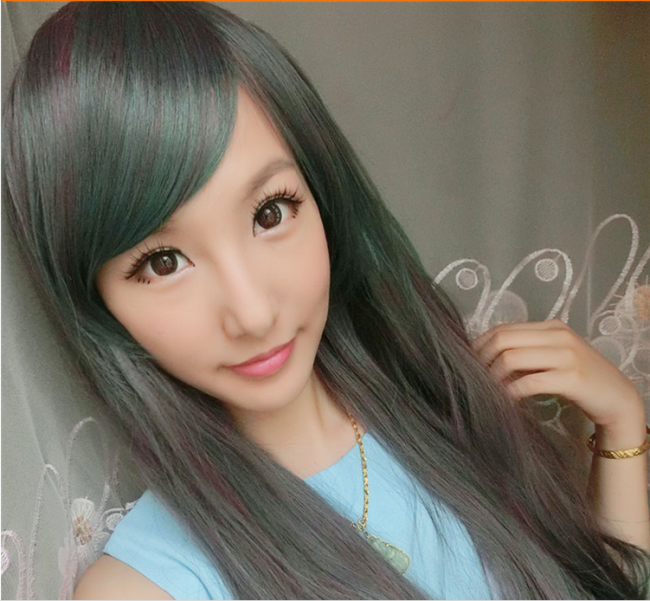 (BFM) Rosy Brown Peacock Green Sweet Long Curls Lolita Wig