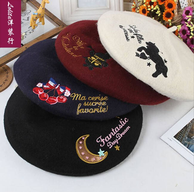 Swimmer Wool Sweet Embroidery Lolita Beret In Stock
