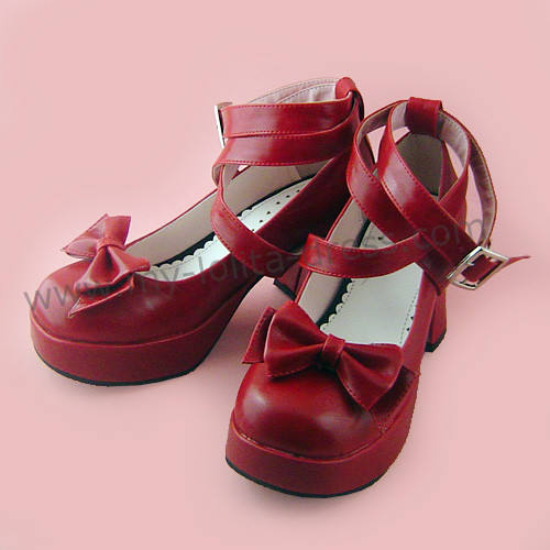 Wine Red 3 Straps Bow Lolita Shoes