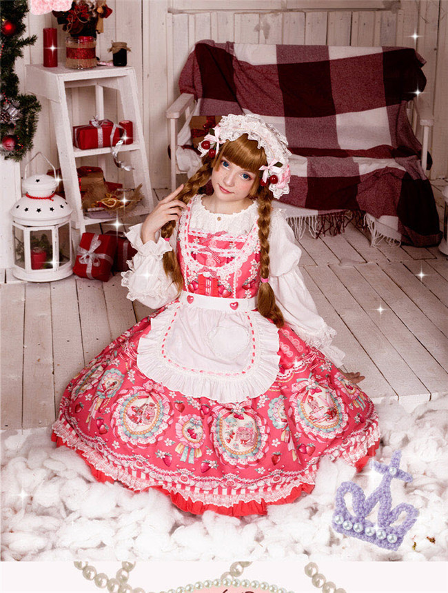 Strawberry Bunny~ Lolita Printed JSK Dress With Detachable Apron