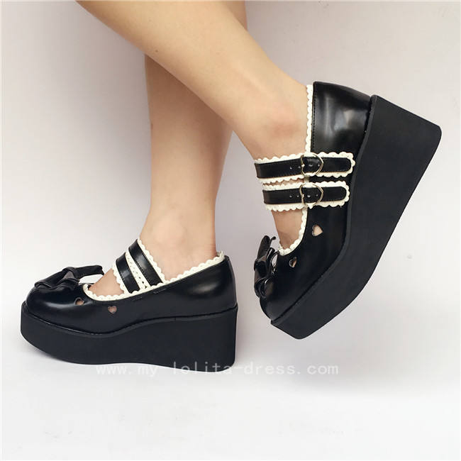 Black Top Bow Lolita Shoes White Trim