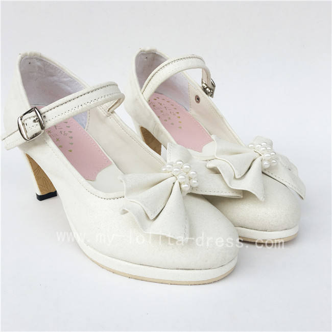 Elegant White Bow Pearls Lolita Heels Shoes