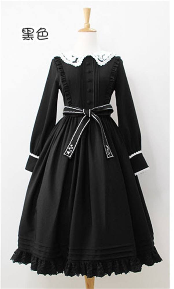 Little Dipper  ~Cat + Moon + Stars~ Embroidery Lolita Long Sleeves OP Dress - Ready Made