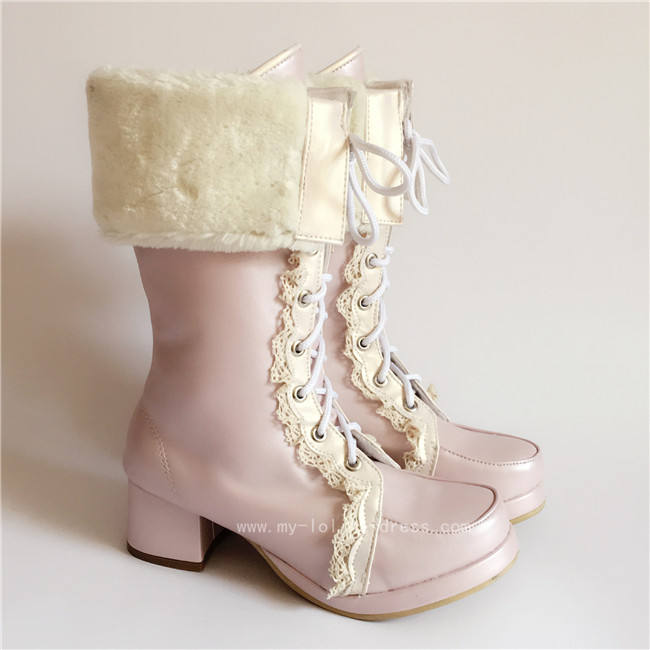 Sweet Pearl Pink Lolita Winter Mid-calf Boots with Beige Lace