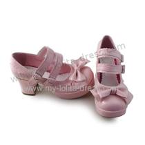 Double Straps Bow Glossy Pink Lolita Shoes