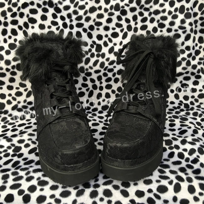 Gothic Black Velvet Lolita Short Boots with Lace and Furs