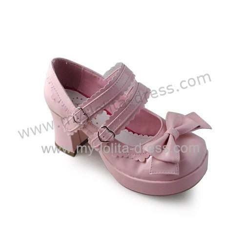 Double Straps Bow Glossy Pink Lolita Shoes