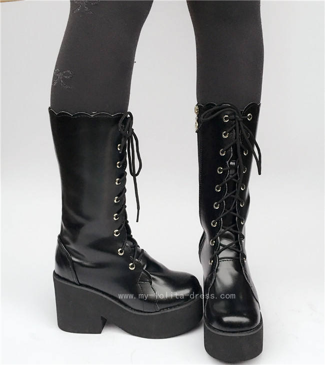 Lace-up Black Matte Lolita Boots