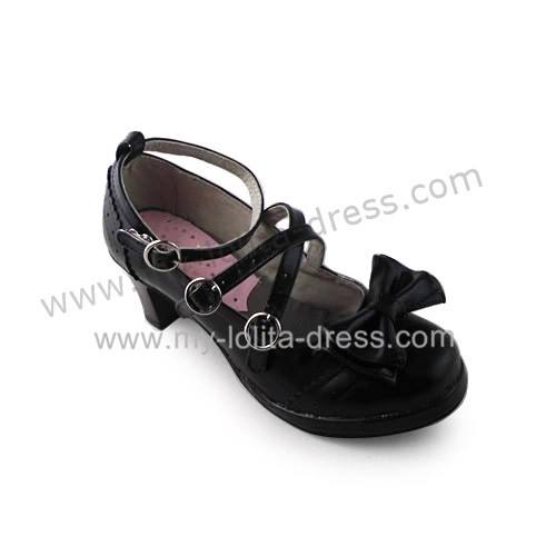 Black Bows Crossed Straps Matte Lolita Shoes Classic