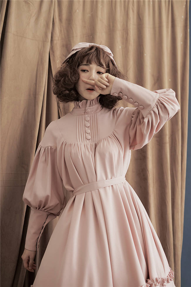 Vintage Unicolor Babydoll Style Roll Collar Lolita OP - Ready Made