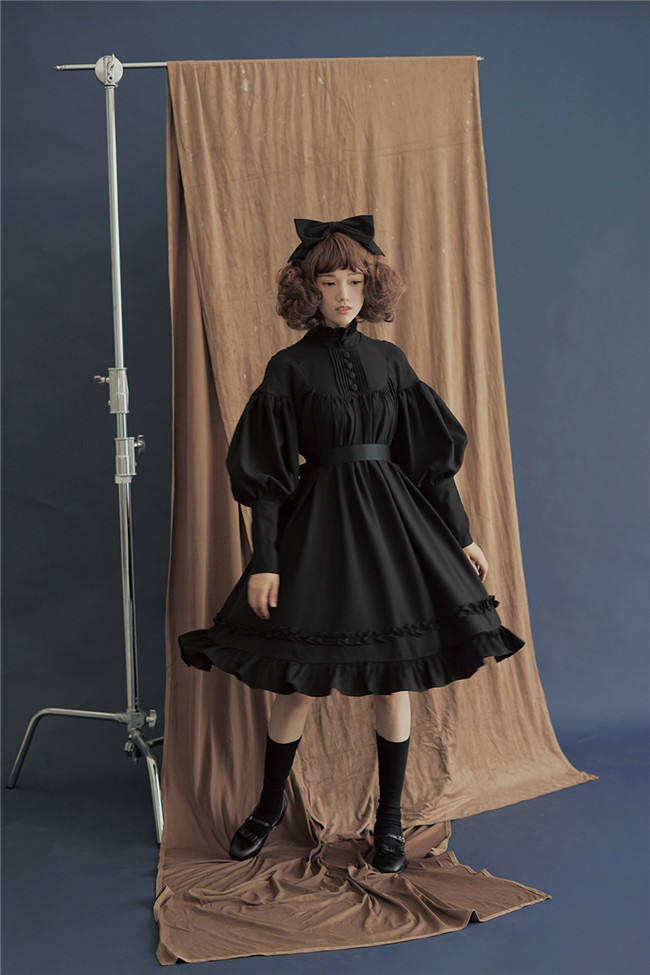 Vintage Unicolor Babydoll Style Roll Collar Lolita OP - Ready Made