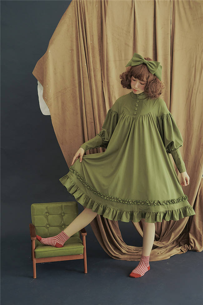 Vintage Unicolor Babydoll Style Roll Collar Lolita OP - Ready Made