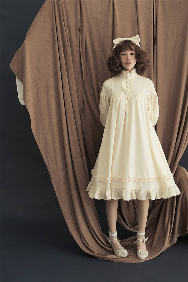 Vintage Unicolor Babydoll Style Roll Collar Lolita OP - Ready Made