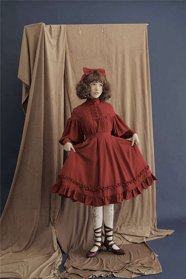 Vintage Unicolor Babydoll Style Roll Collar Lolita OP - Ready Made