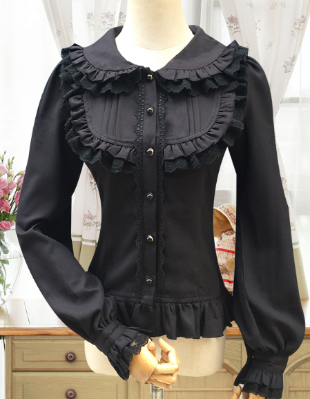 Elegant Cambric Chiffon Long Sleeves Lolita Blouse Black Size XL In Stock