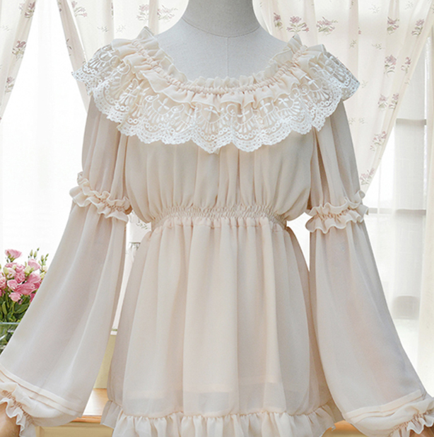 Sweet Lace Chiffon Long Sleeves Round Collar Lolita Blouse White Average