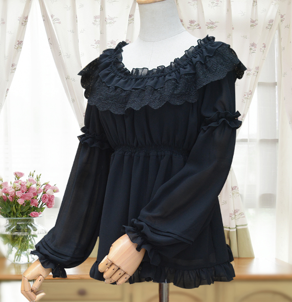 Sweet Lace Chiffon Long Sleeves Round Collar Lolita Blouse White Average