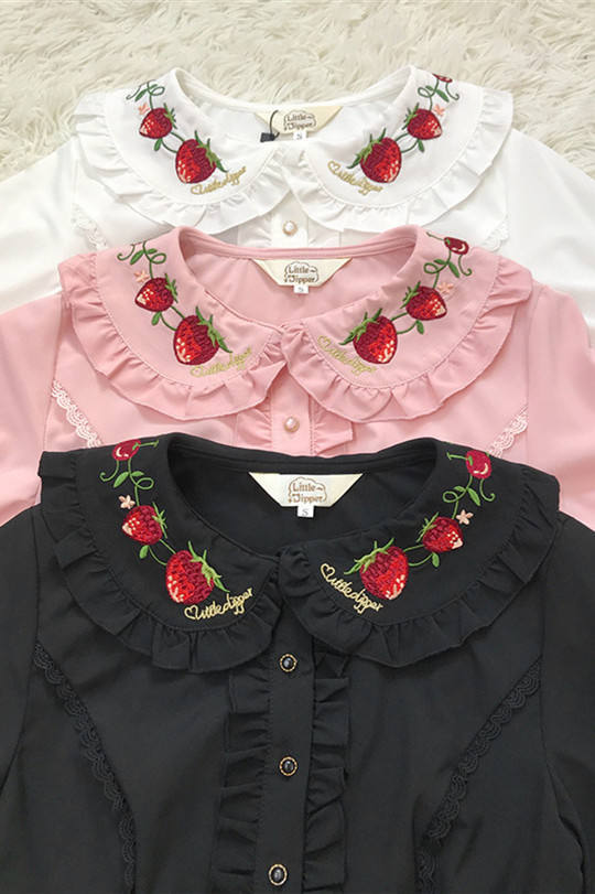 A Small Strawberry~Embroidered Short Sleeves Lolita Blouse -Ready made