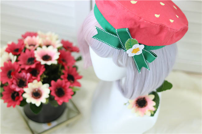 Sweet Strawberry Canvas Lolita Beret -Ready Made