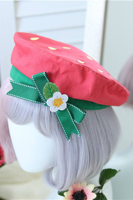 Sweet Strawberry Canvas Lolita Beret -Ready Made
