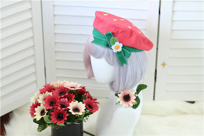 Sweet Strawberry Canvas Lolita Beret -Ready Made