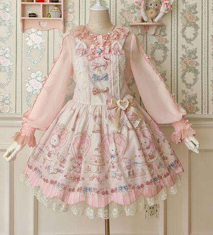 Alice Girl ~The Kitty's Tea Party Sweet Lolita OP/Salopette -Pre-order Pink Size S - In Stock