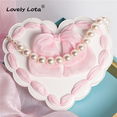 Sweet Heart Shaped Cross Body Bag Mori Girl Pearl Chain Lolita Bag by Lovely Lota Black