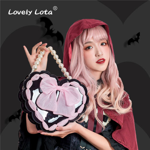 Sweet Heart Shaped Cross Body Bag Mori Girl Pearl Chain Lolita Bag by Lovely Lota Black