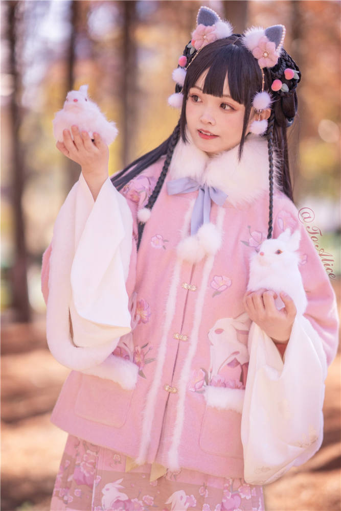To Alice Peach Flowers Bunny Fur Collar Coat/Skirt Series