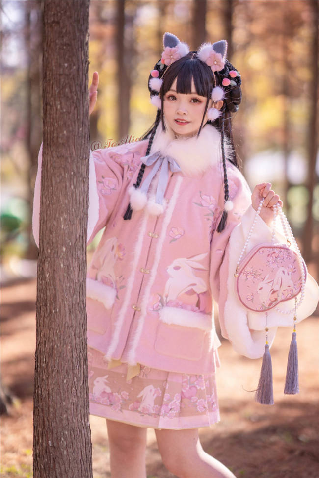 To Alice Peach Flowers Bunny Fur Collar Coat/Skirt Series