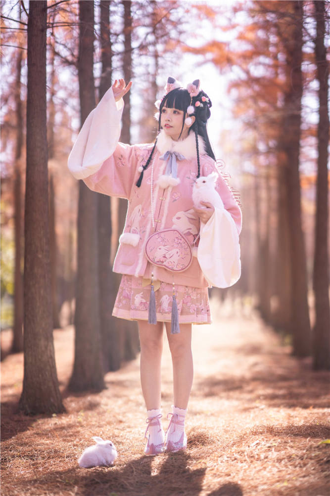 To Alice Peach Flowers Bunny Fur Collar Coat/Skirt Series
