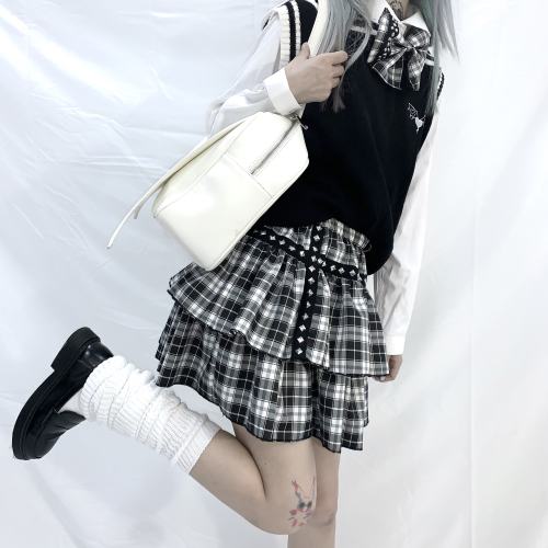 Black White Gingham Harajuku Punk Rivet 2 Layers Skirt