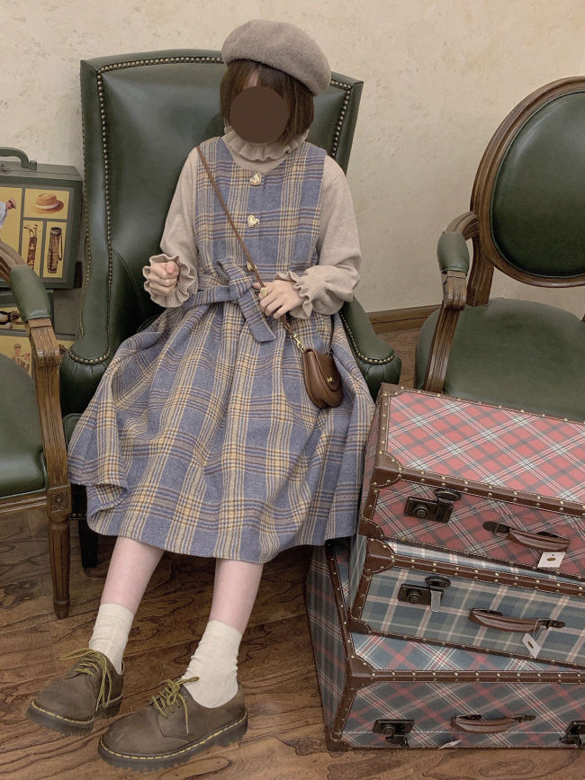 Labeau High Waist Thick Fabric Checkers Salopette Dress