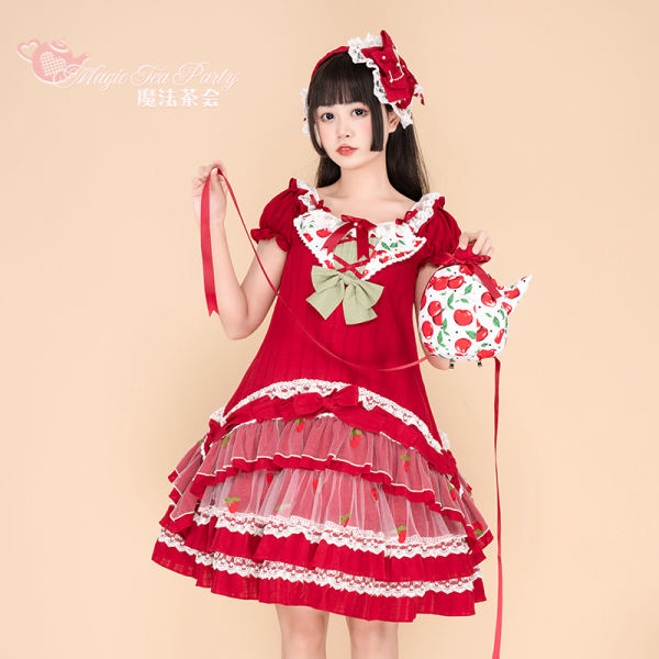 Magic Tea Party ~Cherry Tea Party Slight High Waist Lolita OP -Pre-order