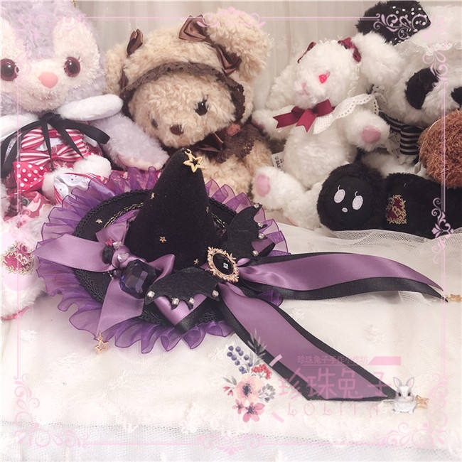 Black Purple Gold Gemstone Star Devil Wings Lolita Hat/Hairclip