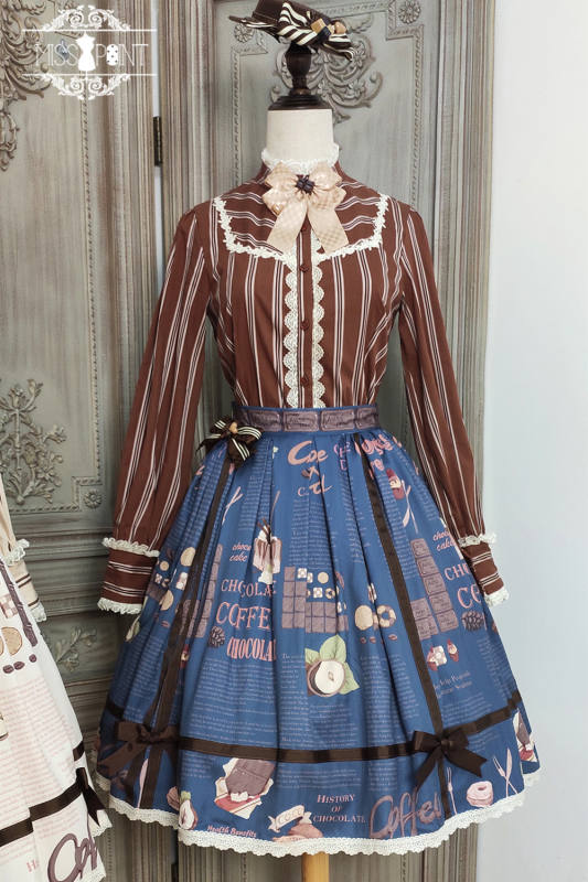 Miss Point ~Chocolate Daily Stripe Long Sleeves Lolita Blouse Chocolate Size 2XL - In Stock