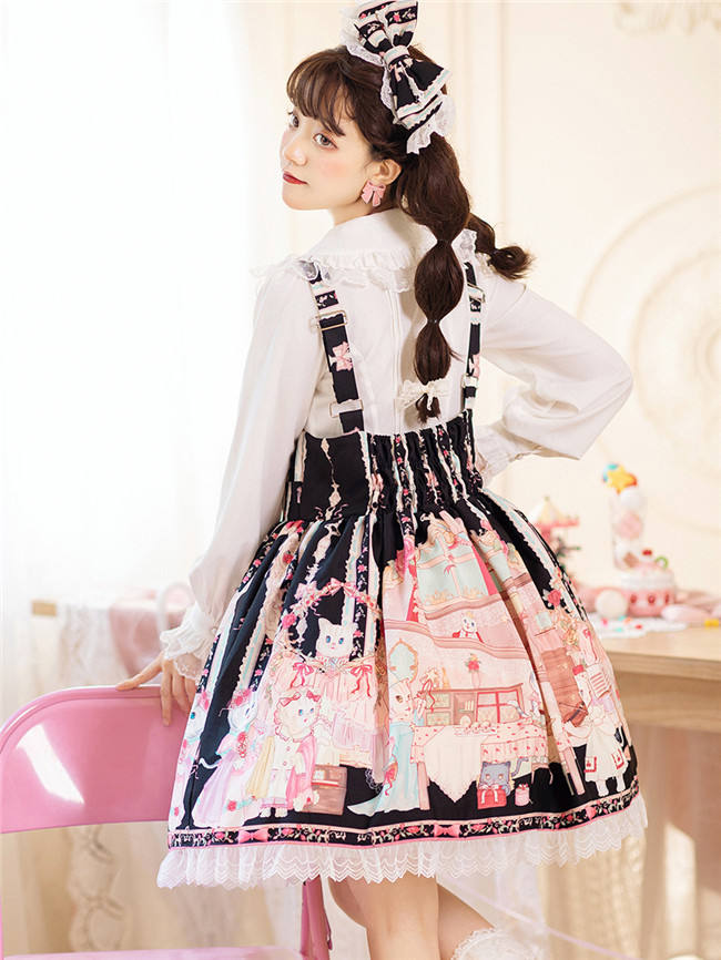 Cat Tea Party Sweet Lolita Salopette Pink  Size S - In Stock