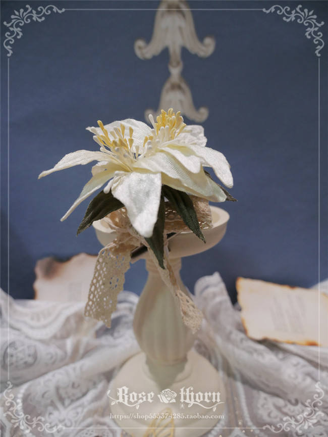 Rose Thorn White Lily Classic Lolita Headbow/Brooch