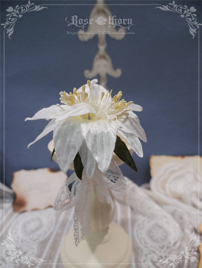 Rose Thorn White Lily Classic Lolita Headbow/Brooch
